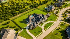 Aerial drone view of a luxury suburban estate with large lawn, pool, curved driveway, and neighbouring homes